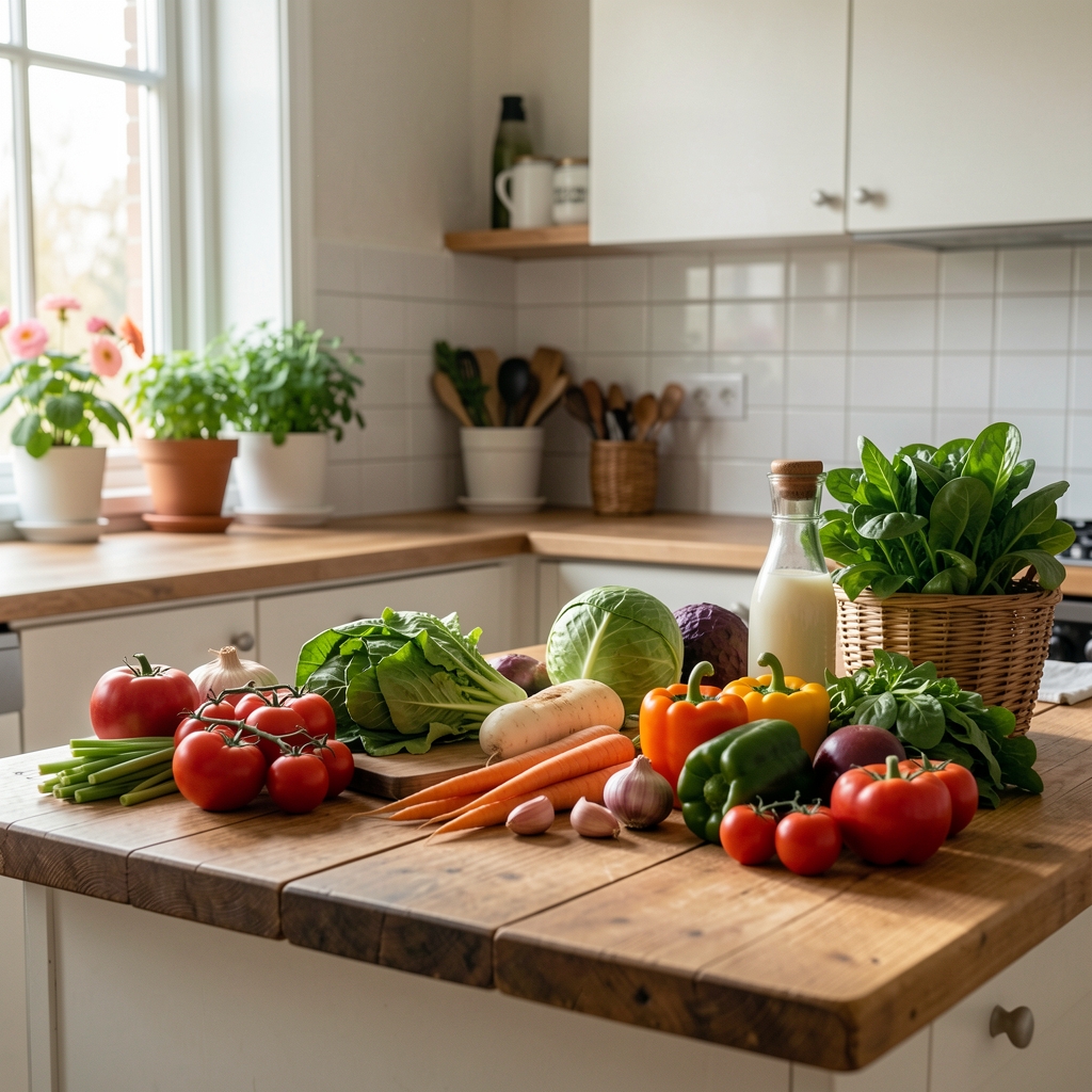 Rolig morgenstund ved køkkenbord med dagslys og friske råvarer