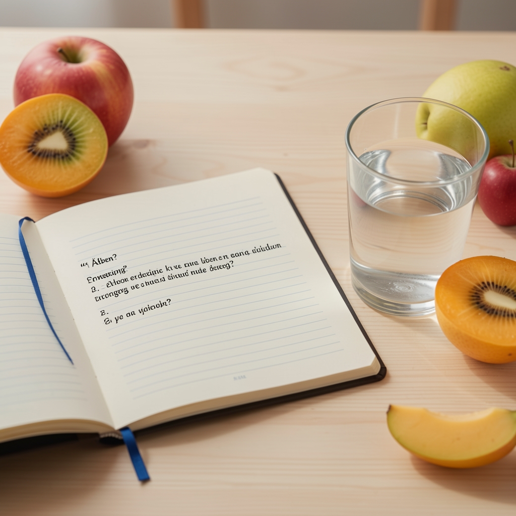 Åben notesbog med spørgsmål om ernæring ved siden af frugt og vandglas