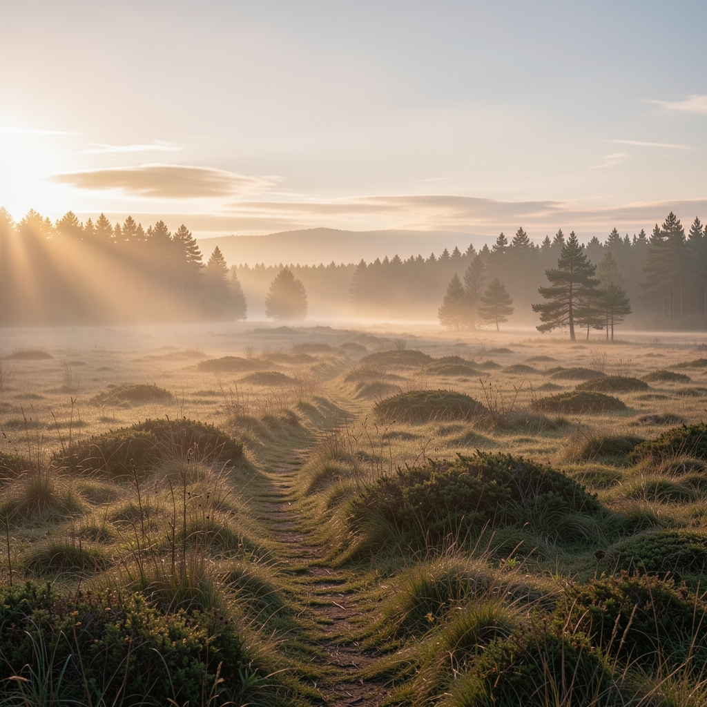 Stille dansk landskab i morgenlys som symbol på naturlig kropsbalance