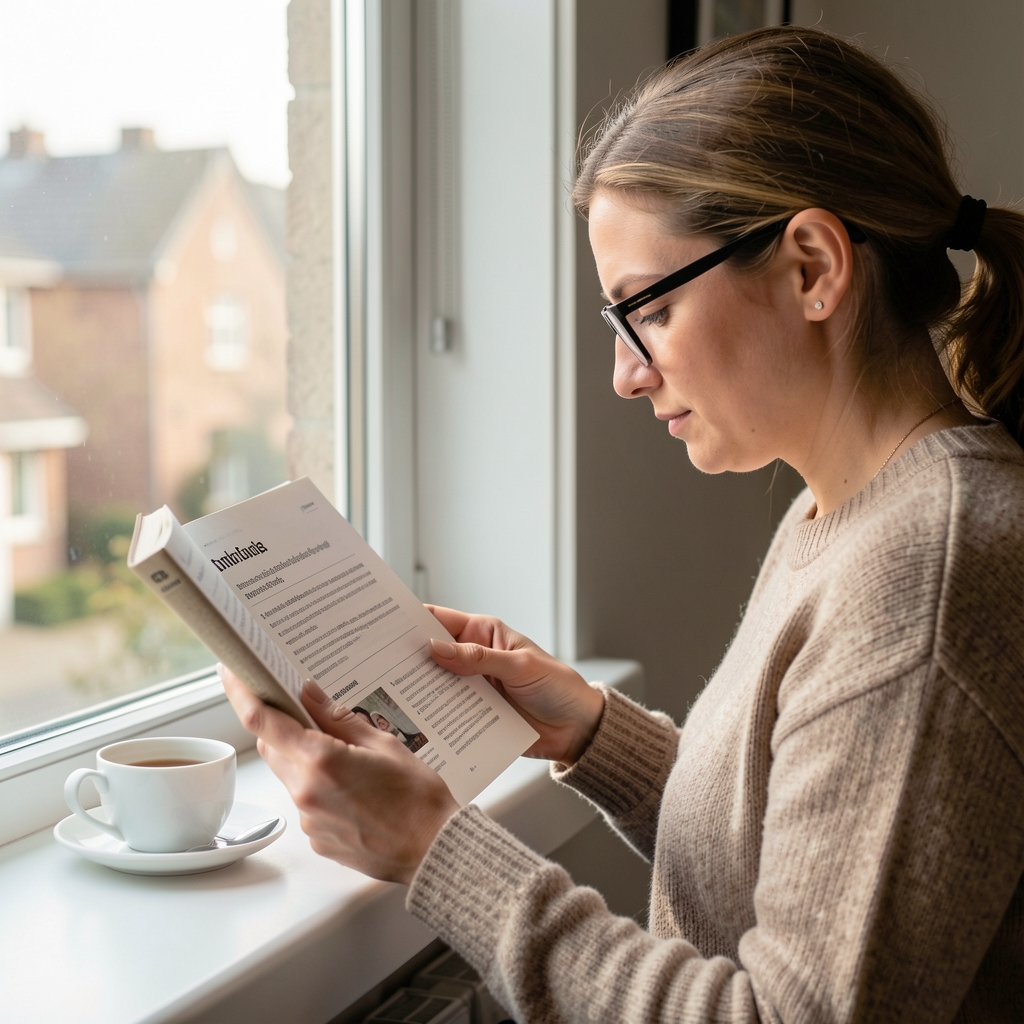 Person der læser en sundhedsrelateret guide med briller og te ved vinduet